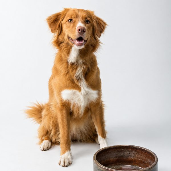 Ein älterer Hund sitzt neben seinem Napf