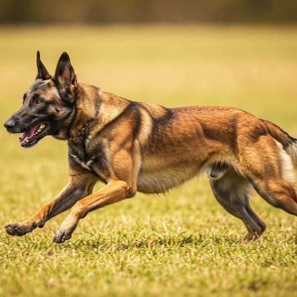 Ein Malinois rennt über eine Wiese