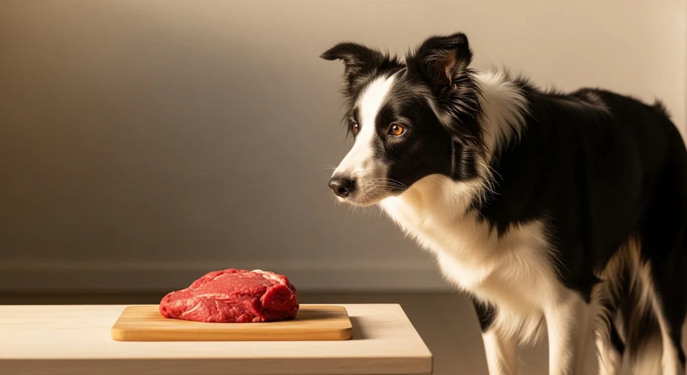 Border Collie vor einem Stück rohem Rindfleisch auf einem Holzbrett